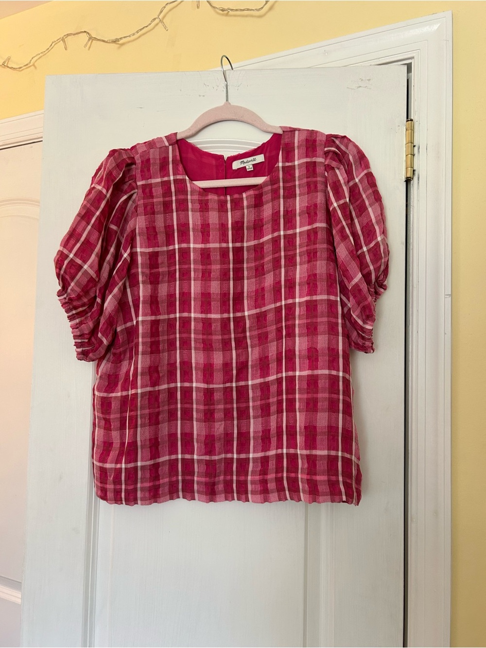 MADEWELL Pink Plaid Puff-Sleeve Blouse